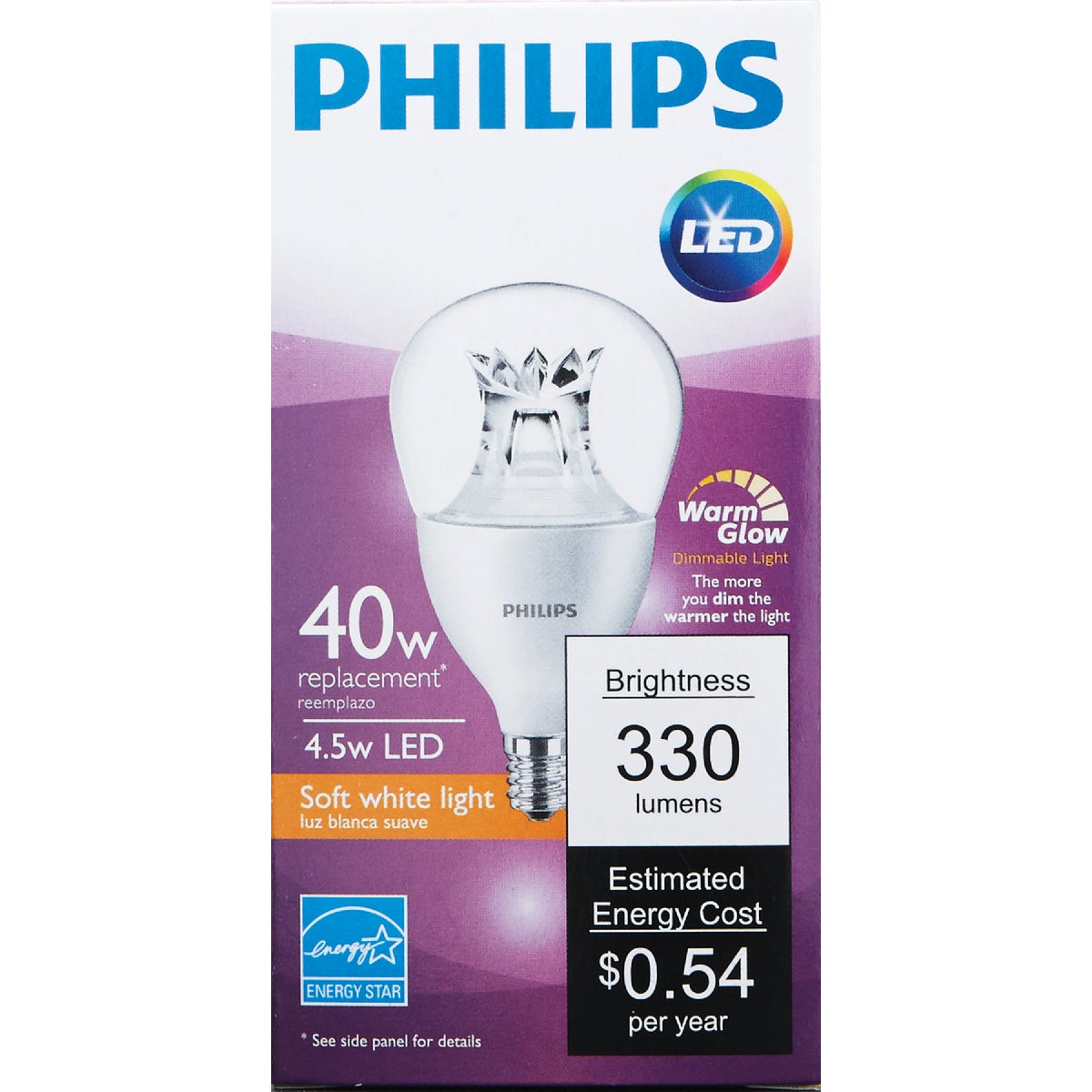 Philips Warm Glow 40W Equivalent Soft White A15 Candelabra Dimmable LED Light Bulb