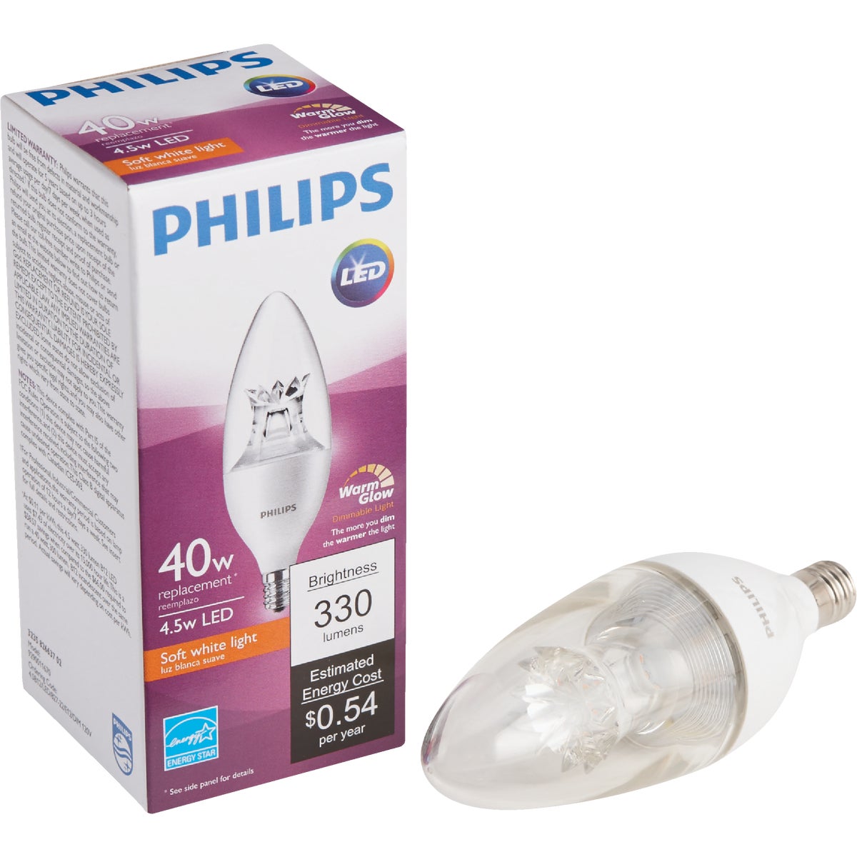 Philips Warm Glow 40W Equivalent Soft White B12 Candelabra Dimmable LED Decorative Light Bulb