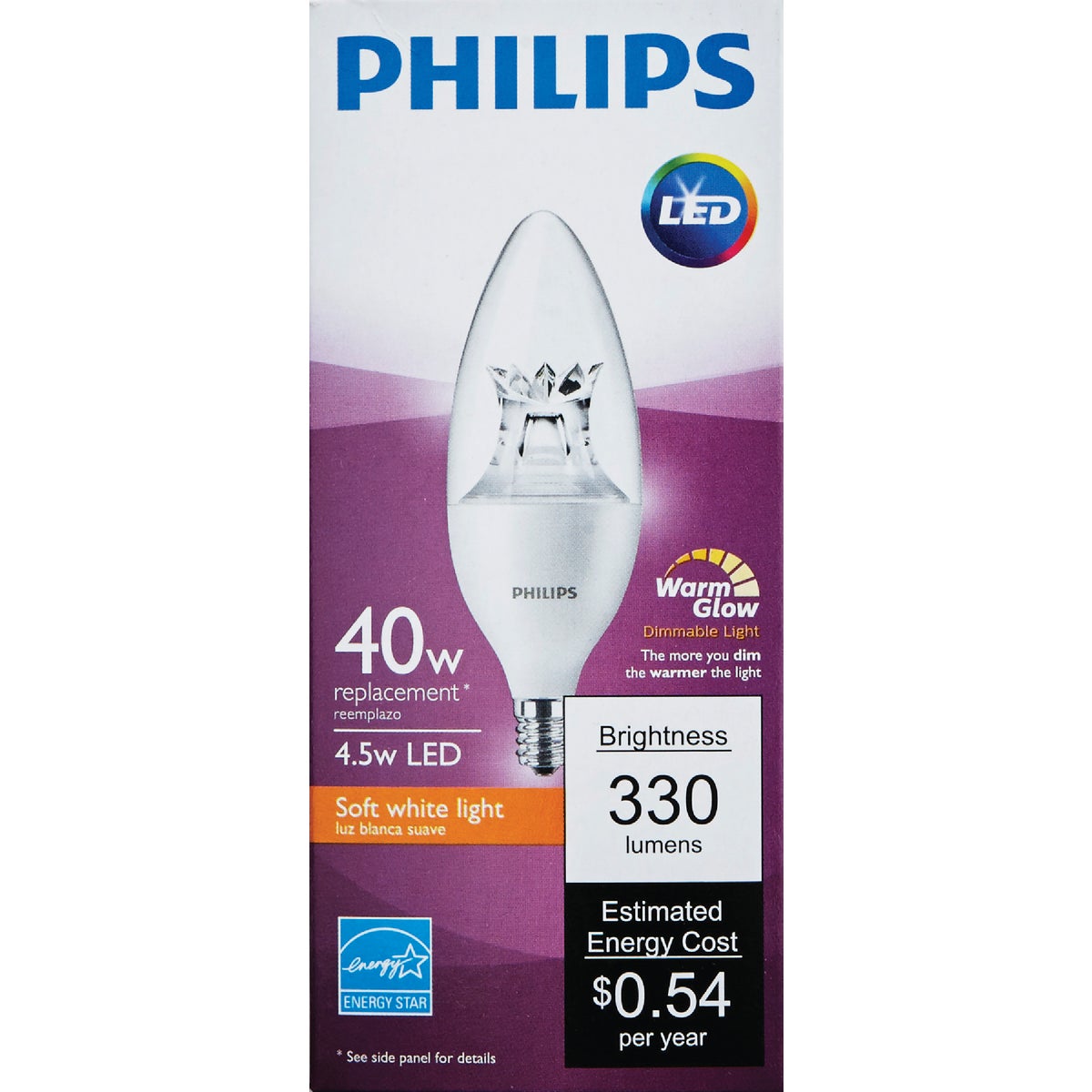 Philips Warm Glow 40W Equivalent Soft White B12 Candelabra Dimmable LED Decorative Light Bulb