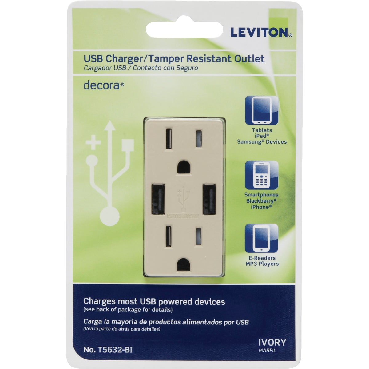 Leviton Decora 3.6A 5V Ivory 2-Port USB Charging Outlet with 5-15R Tamper Resistant Duplex Outlet