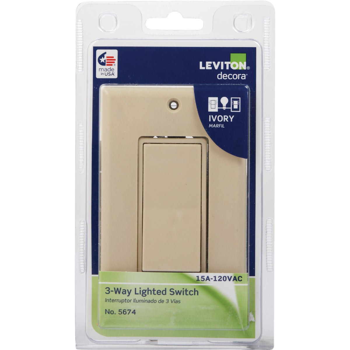 Leviton Decora Illuminated Rocker Ivory 15A 3-Way Switch