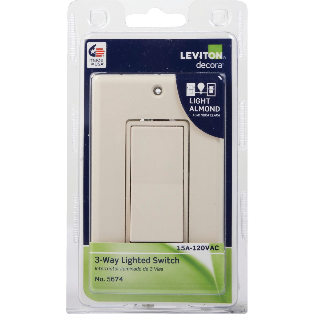 Leviton Decora Illuminated Rocker Light Almond 15A 3-Way Switch