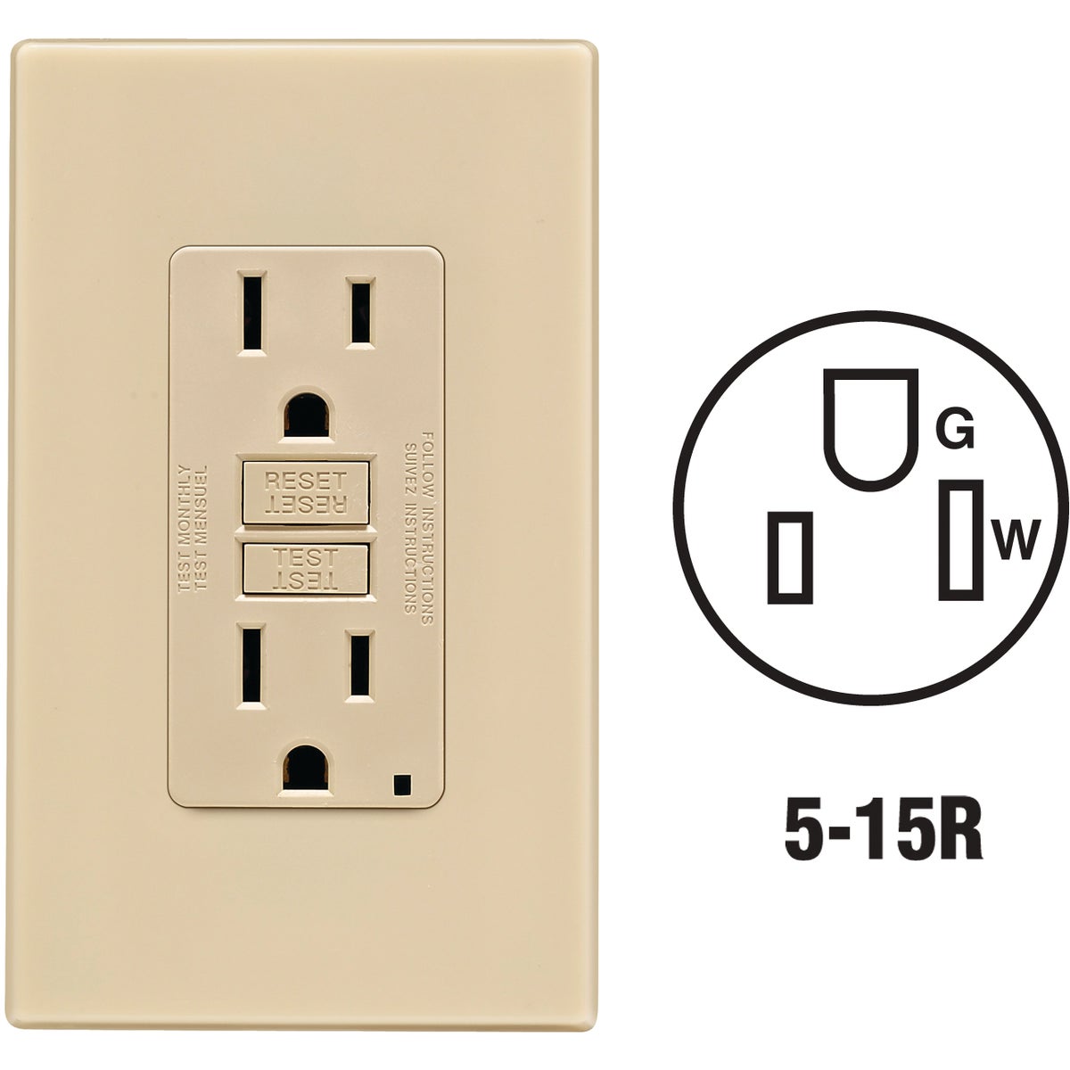 Leviton SmartlockPro Self-Test 15A Ivory Residential Grade 5-15R GFCI Outlet with Screwless Wall Plate