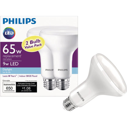 Philips 65W Equivalent Daylight BR30 Medium Dimmable LED Floodlight Light Bulb (2-Pack)