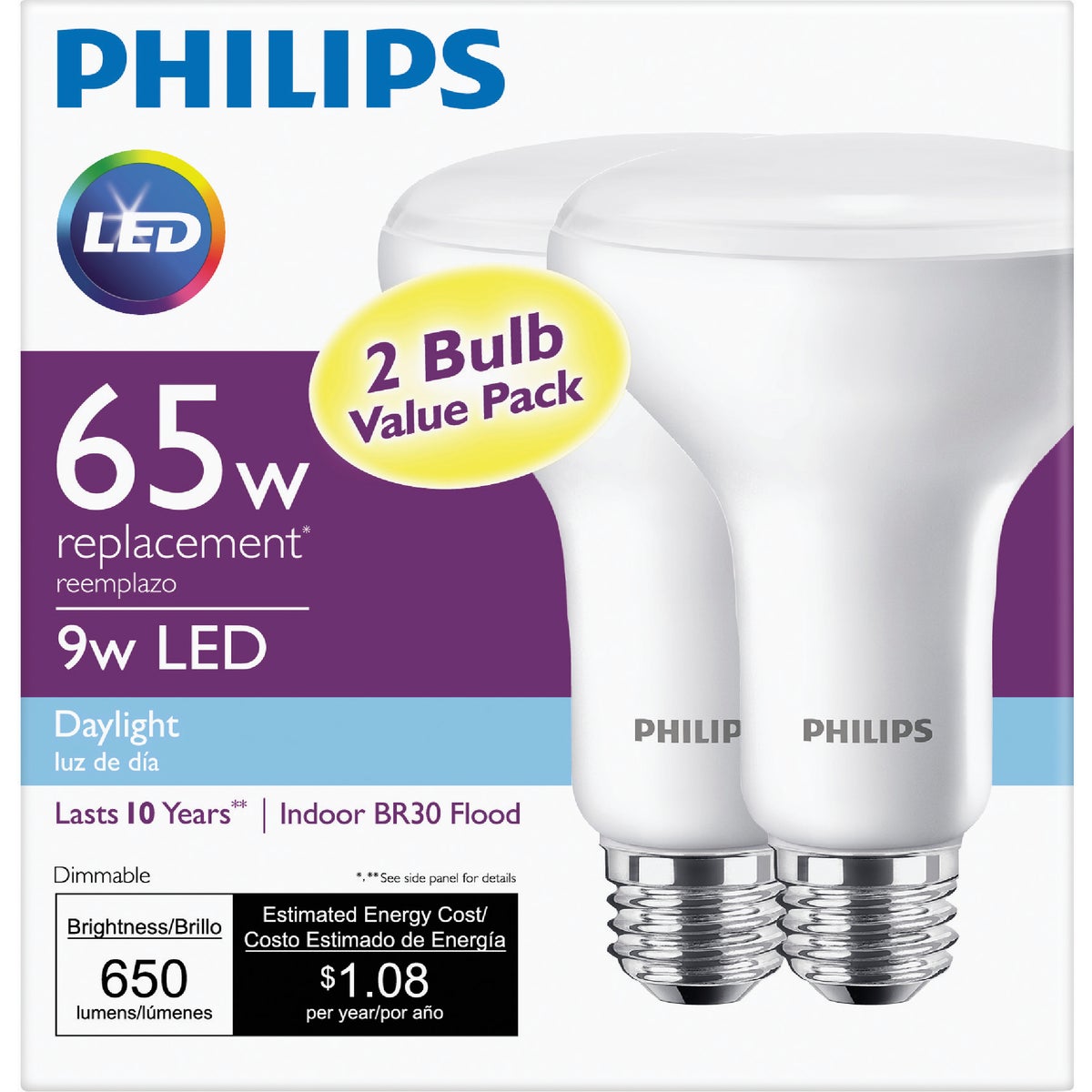 Philips 65W Equivalent Daylight BR30 Medium Dimmable LED Floodlight Light Bulb (2-Pack)