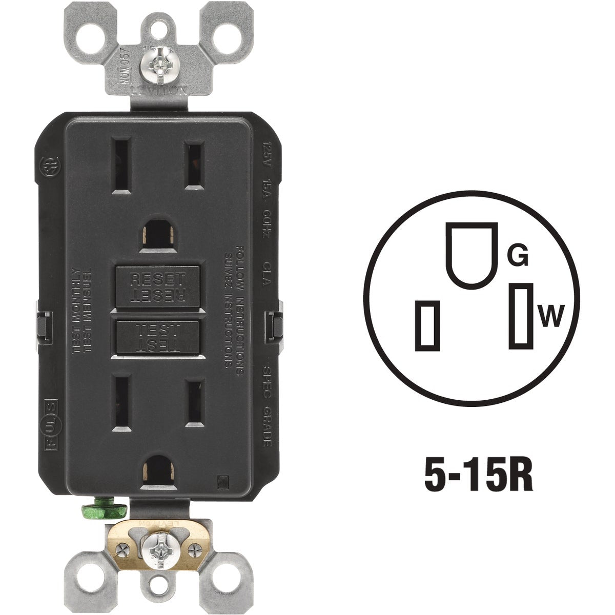 Leviton SmartlockPro Self-Test 15A Black Residential Grade Rounded Corner 5-15R GFCI Outlet