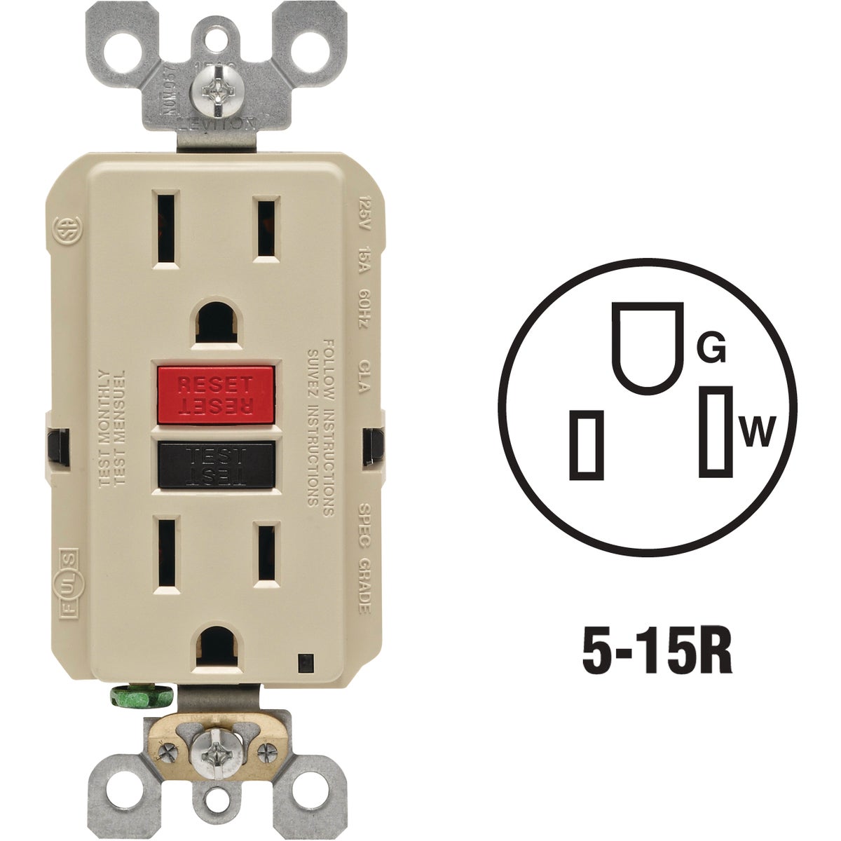 Leviton SmartlockPro Self-Test 15A Ivory Residential Grade 5-15R GFCI Outlet