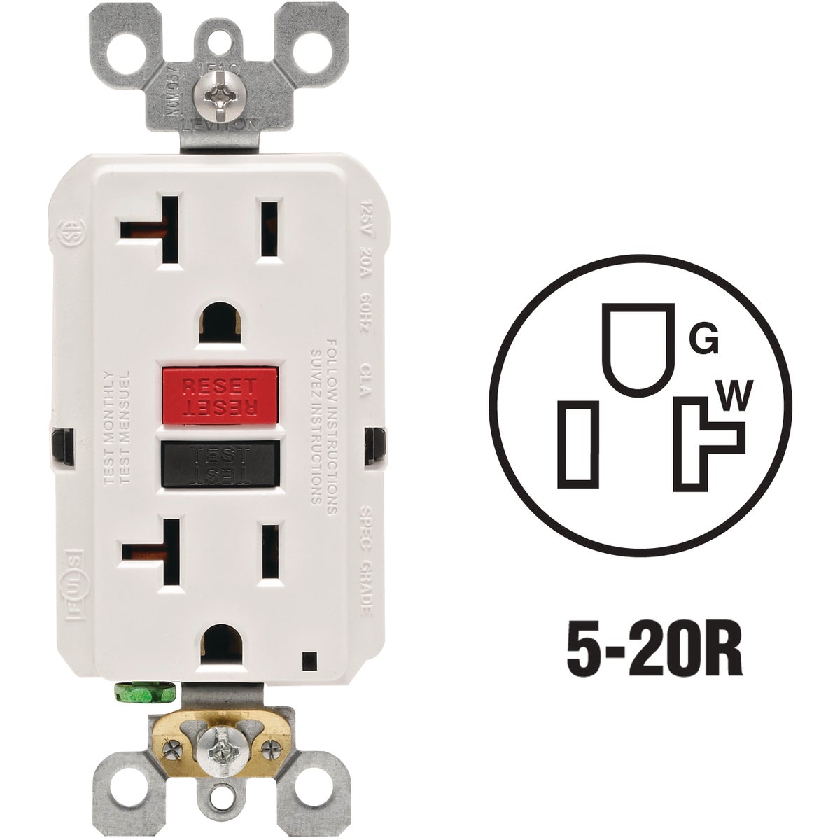 Leviton SmartlockPro Self-Test 20A White Commercial Grade 5-20R GFCI Outlet