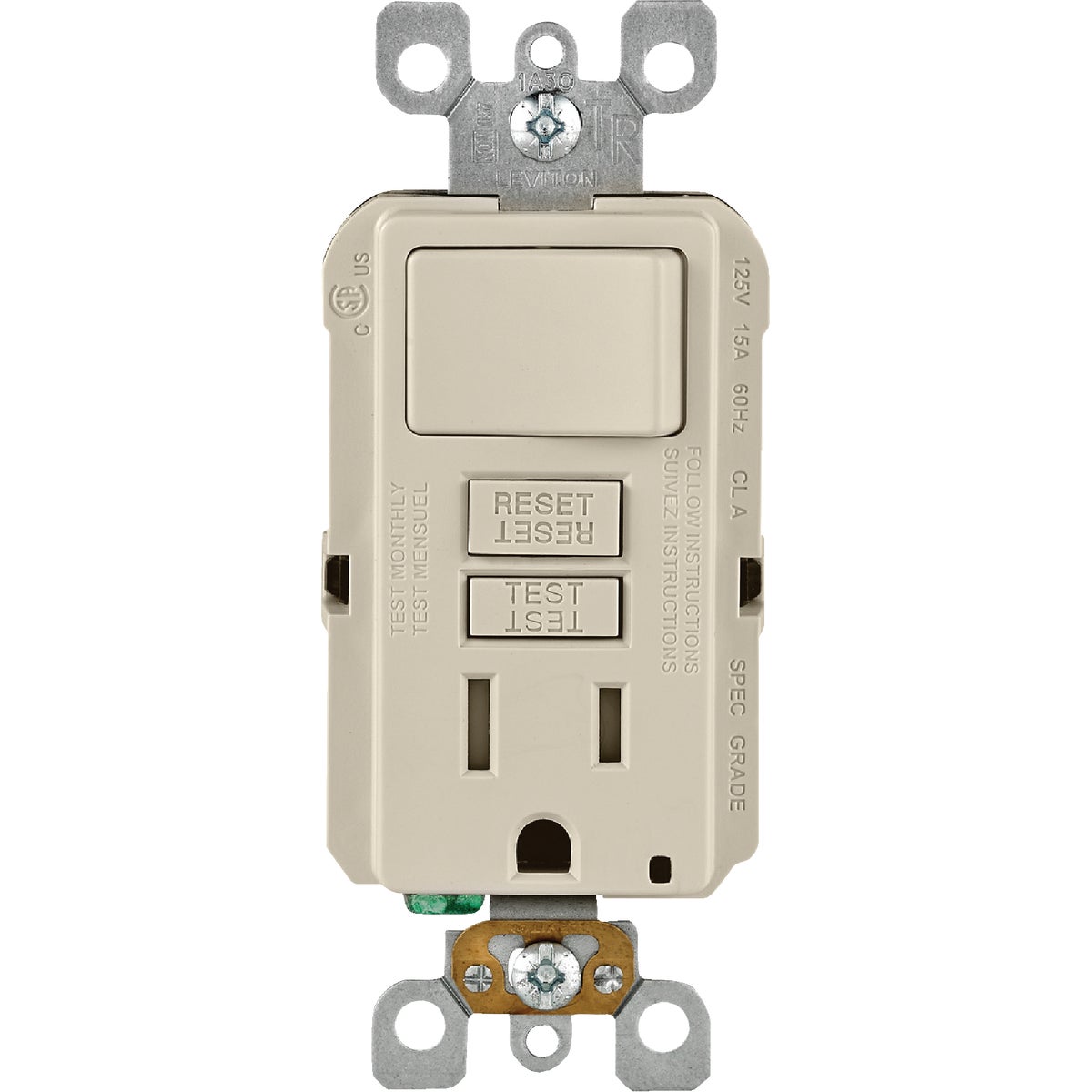 Leviton Light Almond 15A Self-Test Tamper Resistant GFCI Switch & Outlet Combination With Wallplate