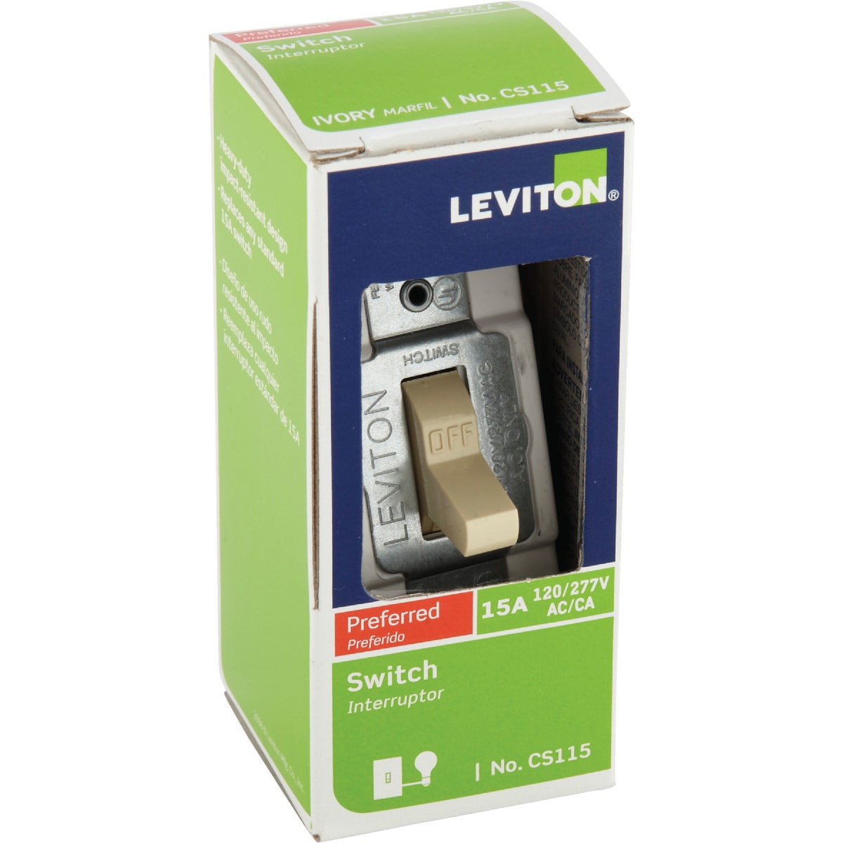 Leviton Commercial Grade 15 Amp Toggle Single Pole Switch, Ivory