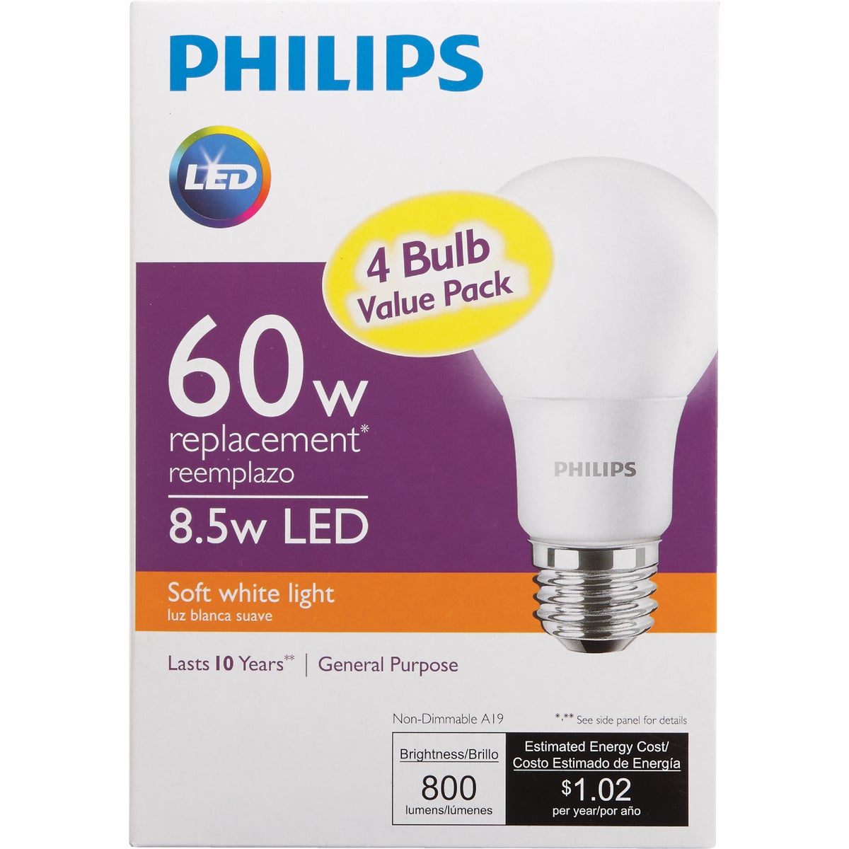 Philips 60W Equivalent Soft White A19 Medium LED Light Bulb (4-Pack)