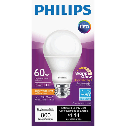 Philips Warm Glow 60W Equivalent Soft White A19 Medium Dimmable LED Light Bulb