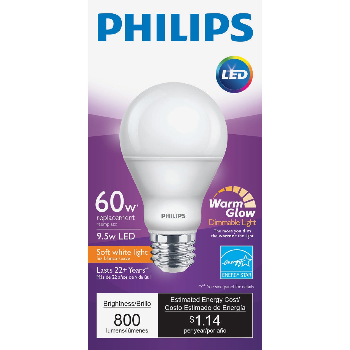 Philips Warm Glow 60W Equivalent Soft White A19 Medium Dimmable LED Light Bulb