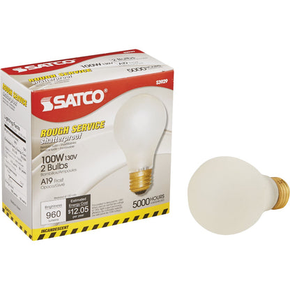 Satco 100W Frosted Medium Base A19 Shatterproof Incandescent Rough Service Light Bulb (2-Pack)