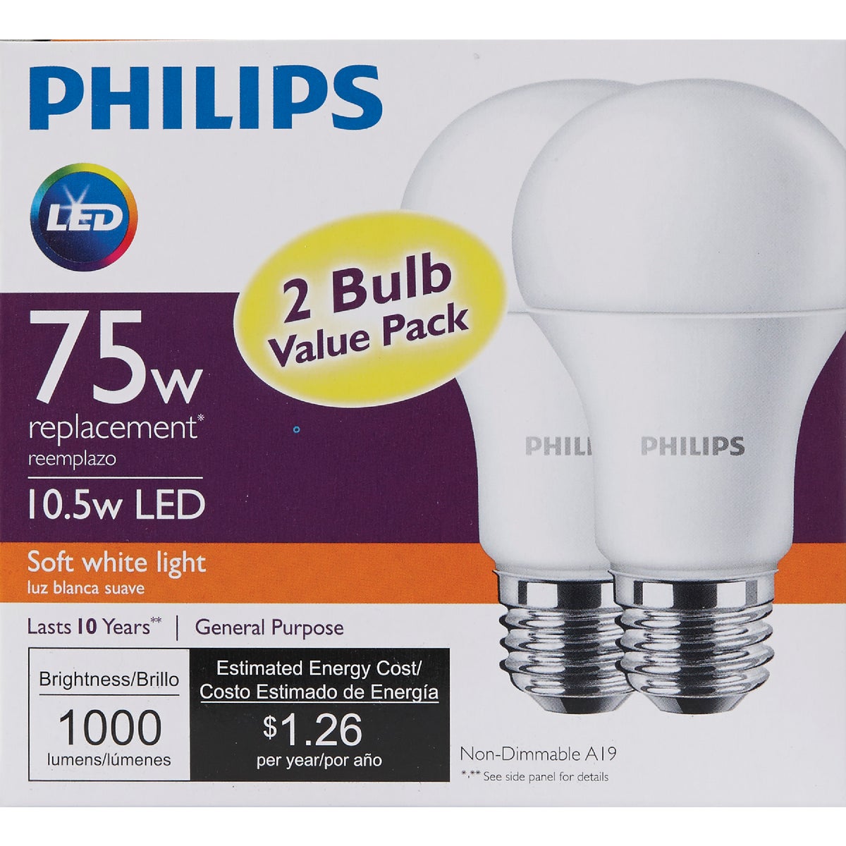 Philips 75W Equivalent Soft White A19 Medium LED Light Bulb (2-Pack)