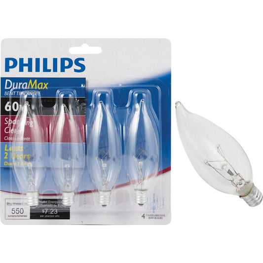 Philips DuraMax 60W Clear Candelabra BA9 Incandescent Bent Tip Light Bulb (4-Pack)