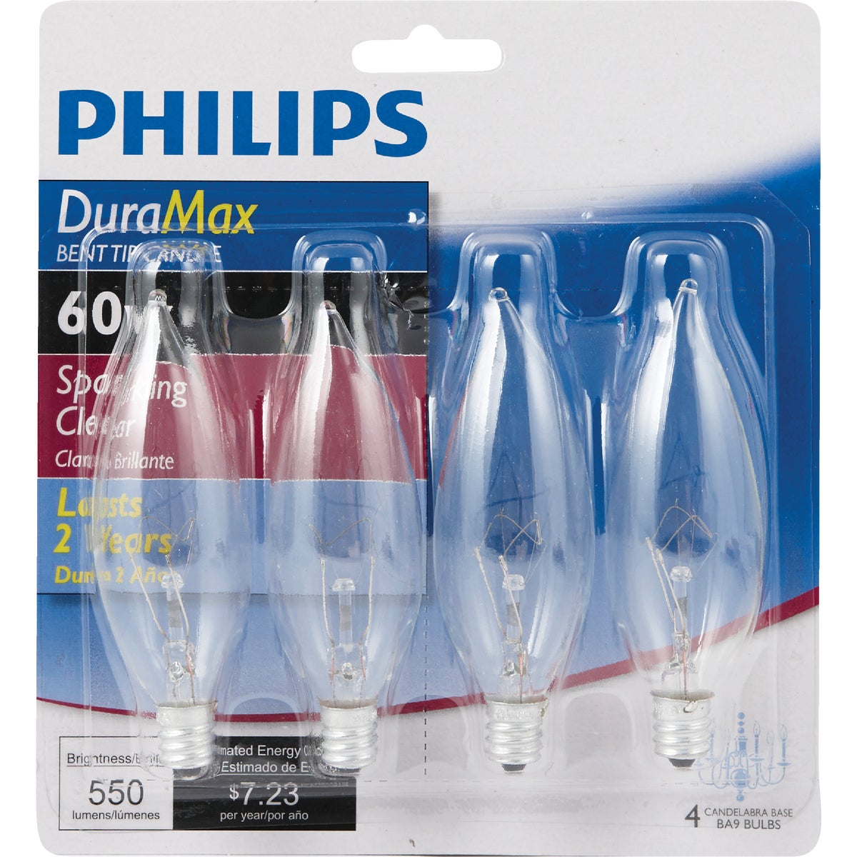 Philips DuraMax 60W Clear Candelabra BA9 Incandescent Bent Tip Light Bulb (4-Pack)