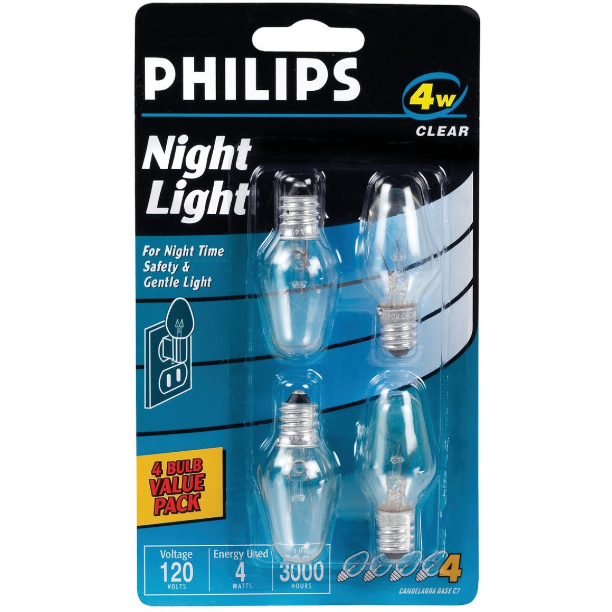 Philips 4W Clear Candelabra C7 Incandescent Night Light Bulb (4-Pack)