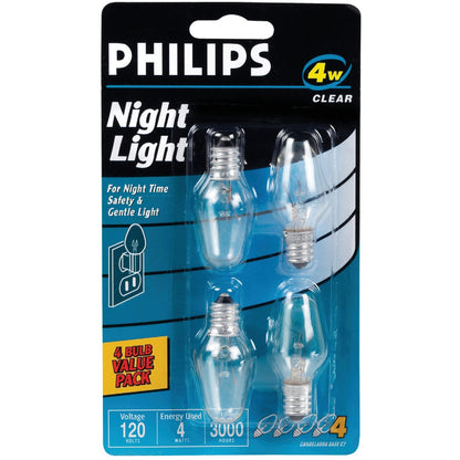Philips 4W Clear Candelabra C7 Incandescent Night Light Bulb (4-Pack)