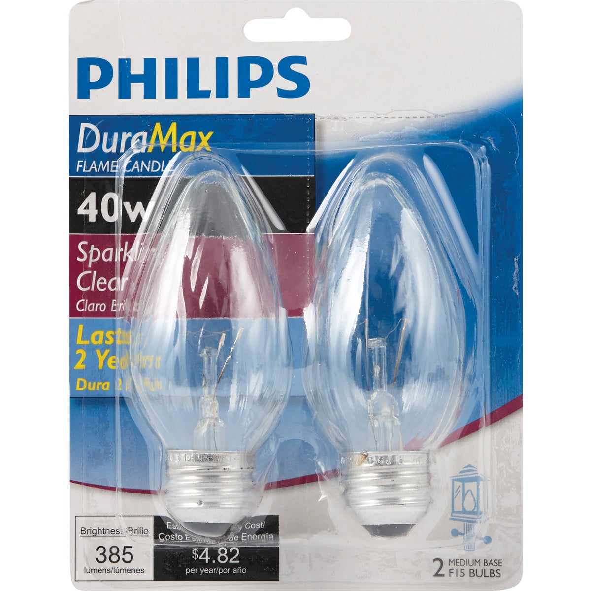 Philips DuraMax 40W Clear Medium F15 Incandescent Flame Candle Light Bulb (2-Pack)