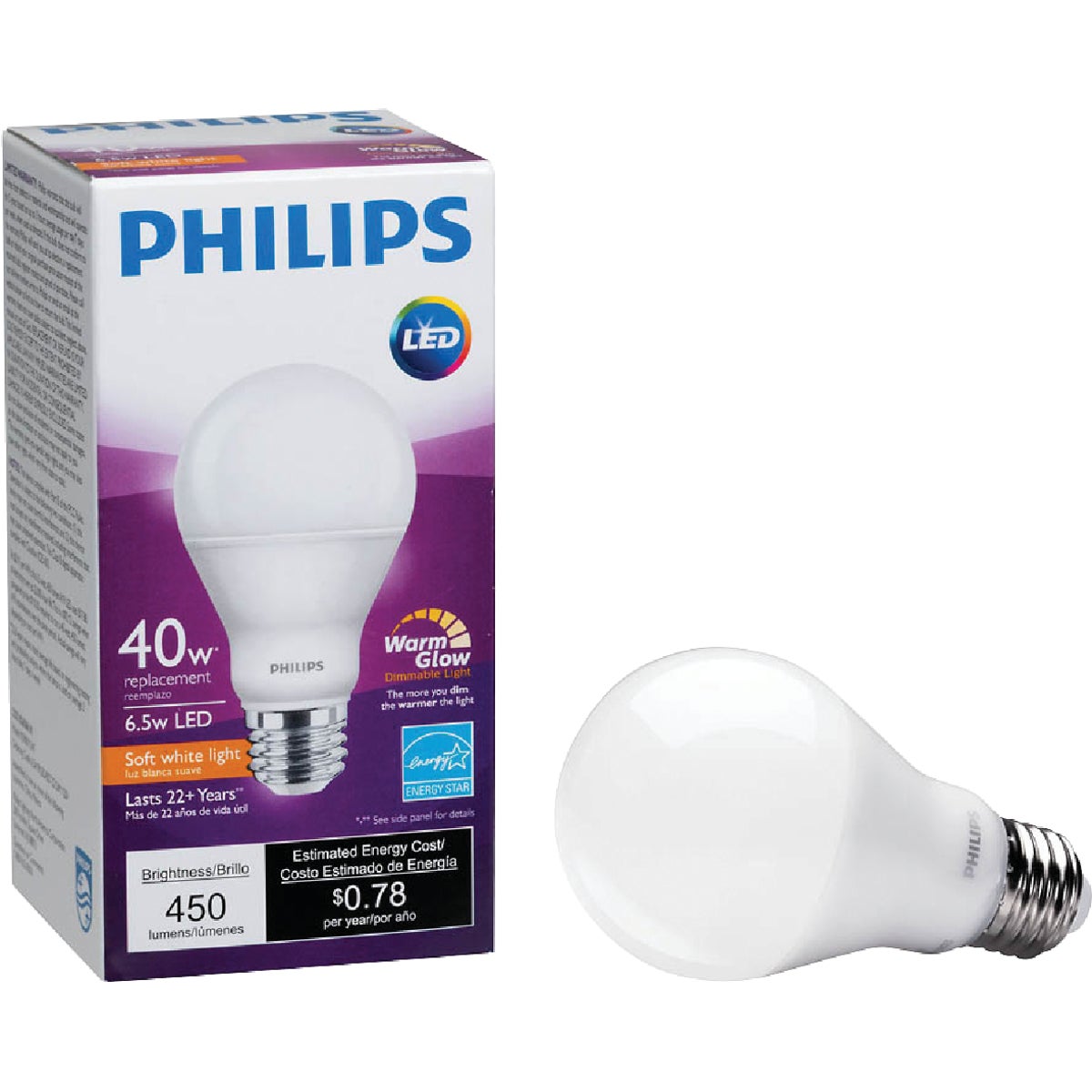 Philips Warm Glow 40W Equivalent Soft White A19 Medium Dimmable LED Light Bulb