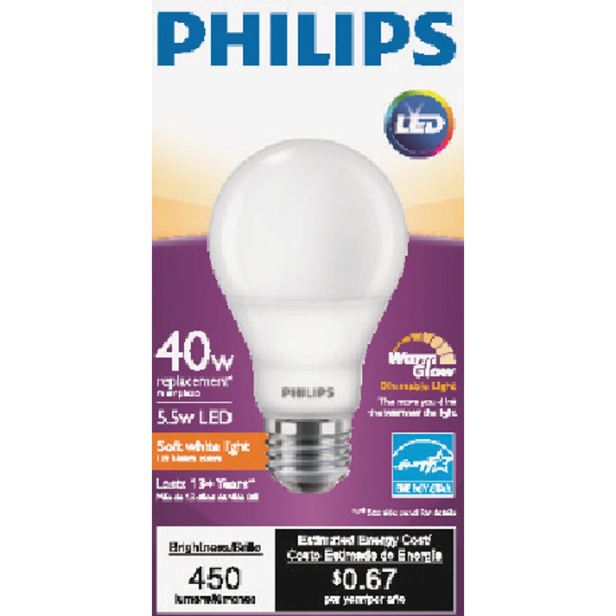 Philips Warm Glow 40W Equivalent Soft White A19 Medium Dimmable LED Light Bulb