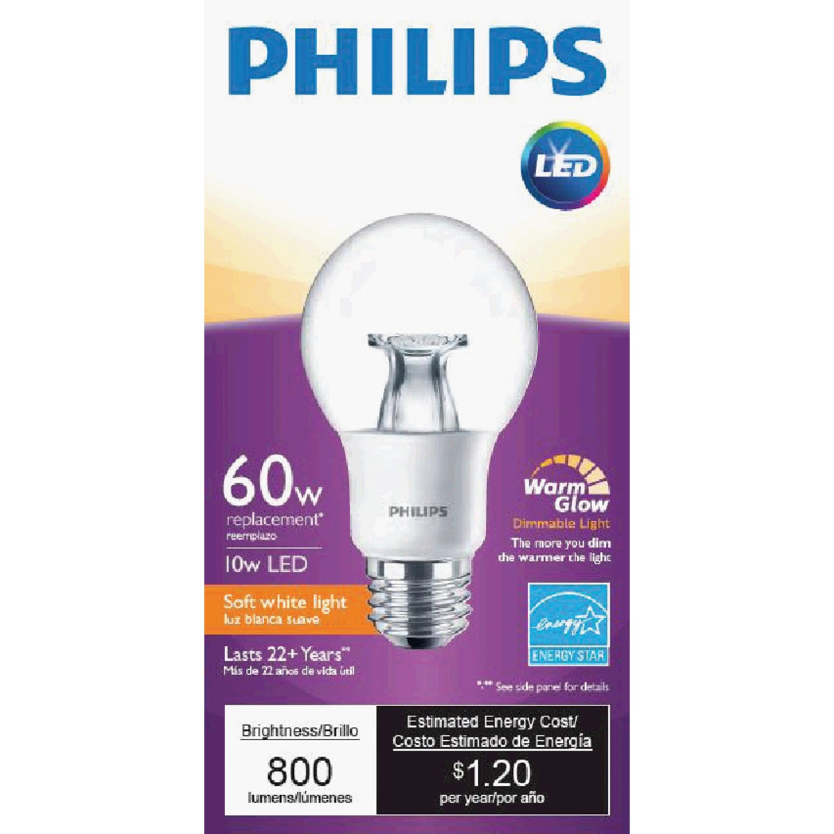 Philips Warm Glow 60W Equivalent Soft White A19 Medium Dimmable LED Light Bulb