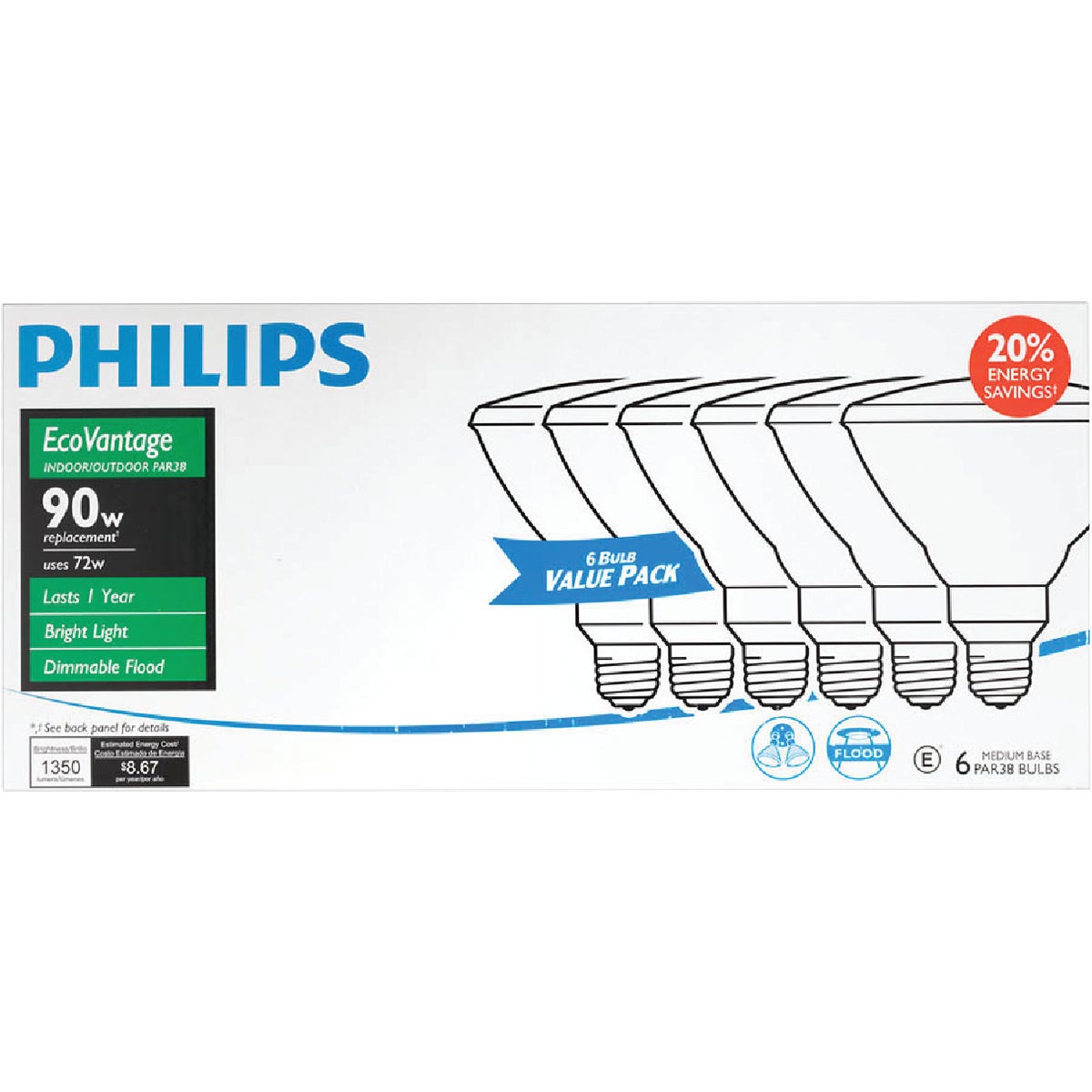 Philips EcoVantage 90W Equivalent Clear Medium Base PAR38 Halogen Floodlight Light Bulb (6-Pack)