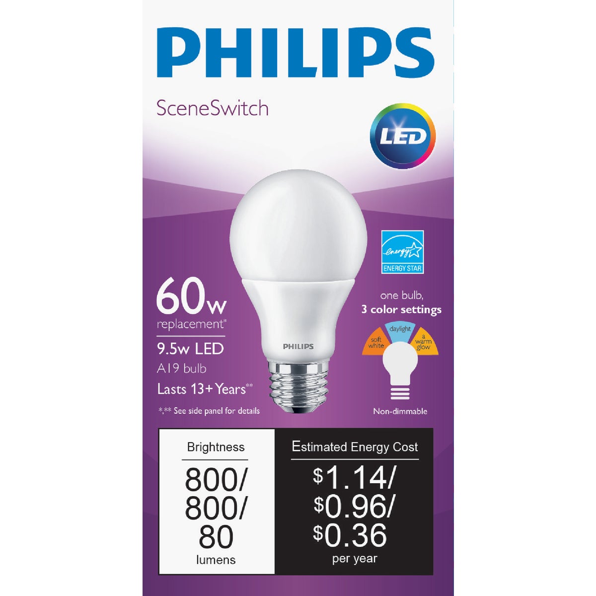 Philips SceneSwitch 60W Equivalent Daylight/Soft White/Warm Glow A19 Medium LED Light Bulb