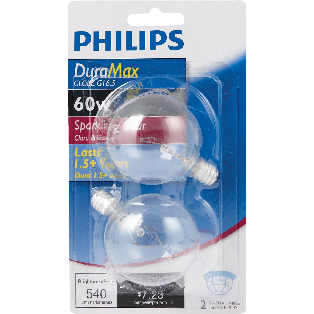 Philips DuraMax 60W Clear Candelabra G16.5 Incandescent Globe Light Bulb (2-Pack)