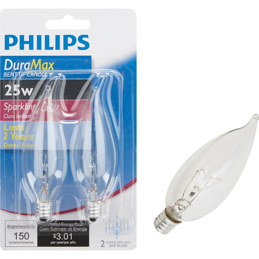 Philips DuraMax 25W Clear Candelabra Base BA9 Incandescent Bent Tip Light Bulb (2-Pack)