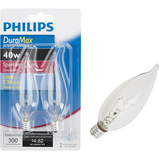 Philips DuraMax 40W Clear Candelabra BA9 Incandescent Bent Tip Light Bulb (2-Pack)