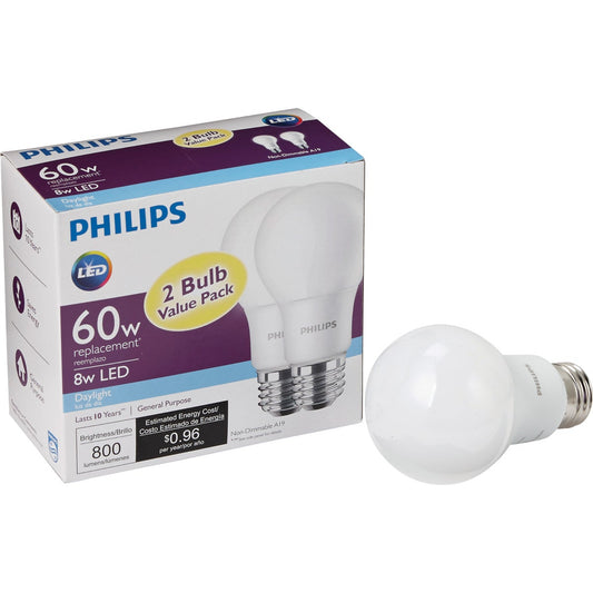 Philips 60W Equivalent Daylight A19 Medium LED Light Bulb (2-Pack)