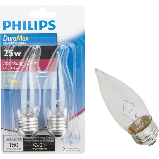 Philips DuraMax 25W Clear Medium BA9.5 Incandescent Bent Tip Light Bulb (2-Pack)