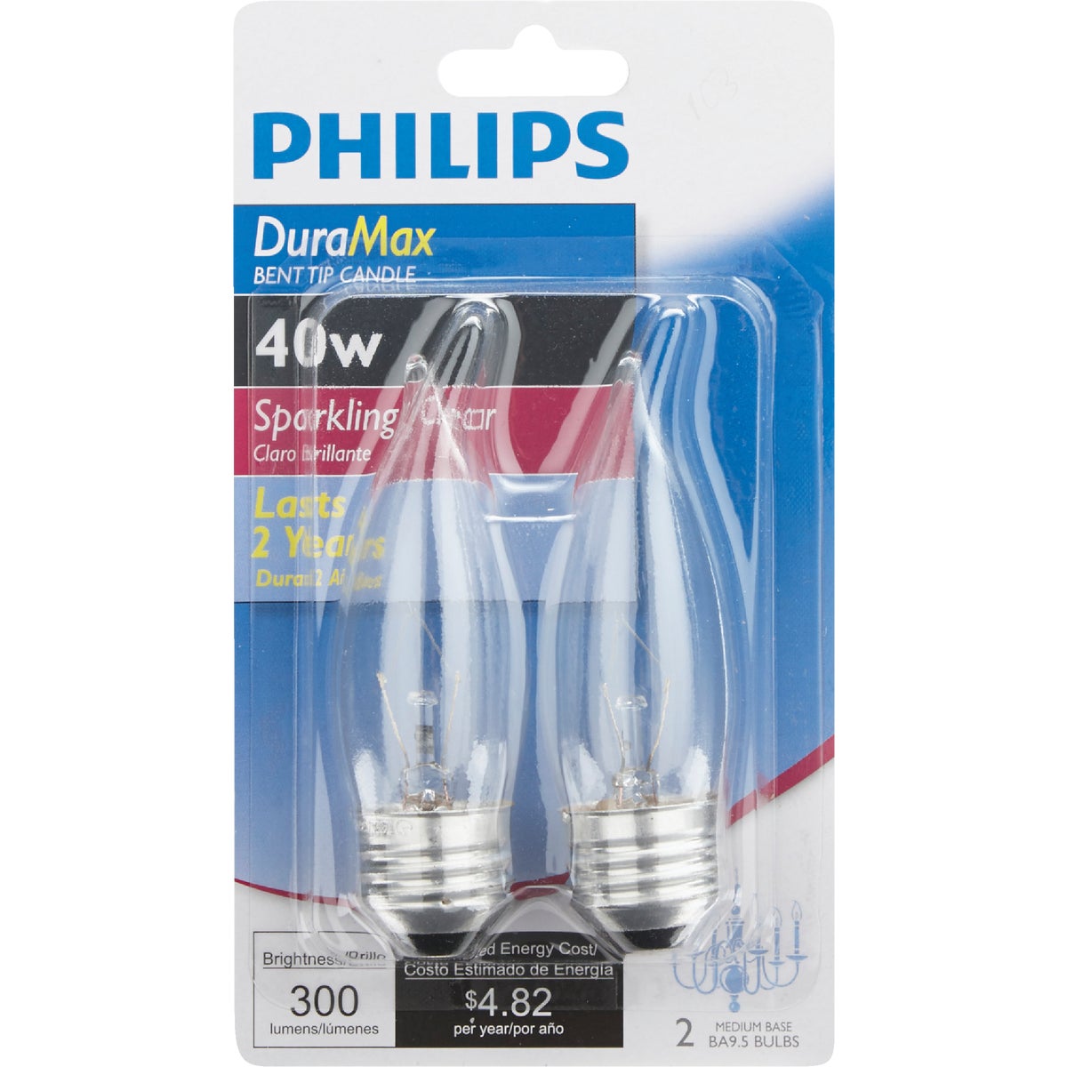 Philips DuraMax 40W Clear Medium BA9.5 Incandescent Bent Tip Light Bulb (2-Pack)