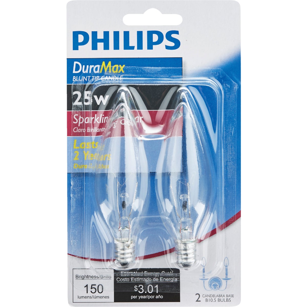 Philips DuraMax 25W Clear Candelabra Base B10.5 Incandescent Blunt Tip Light Bulb (2-Pack)