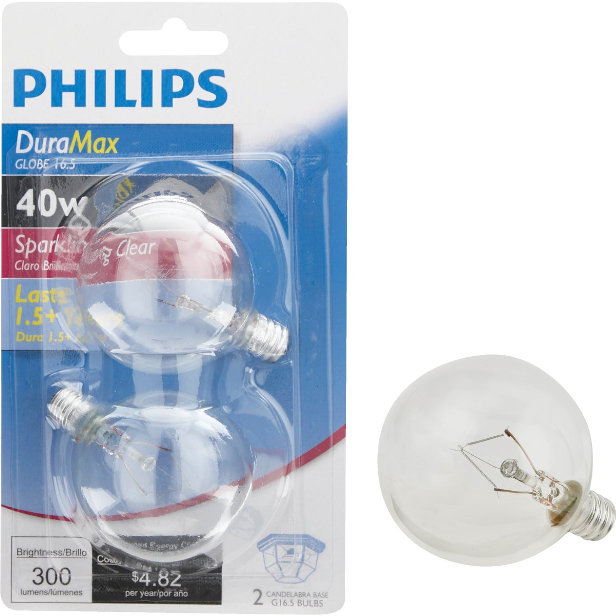 Philips DuraMax 40W Clear Candelabra G16.5 Incandescent Globe Light Bulb (2-Pack)