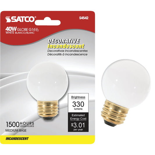 Satco 40W Frosted Medium G16.5 Incandescent Globe Light Bulb