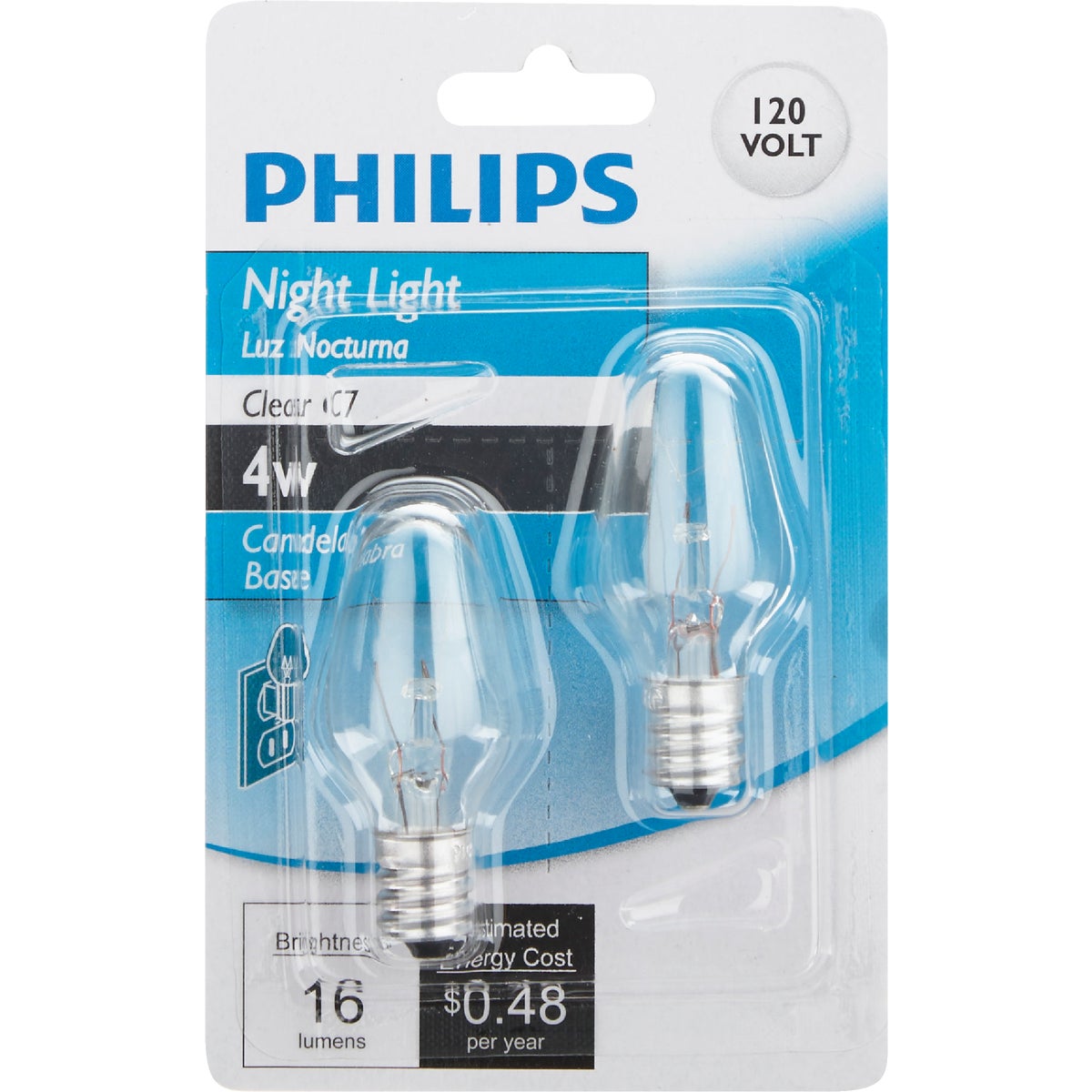 Philips 4W Clear Candelabra C7 Incandescent Night Light Bulb (2-Pack)