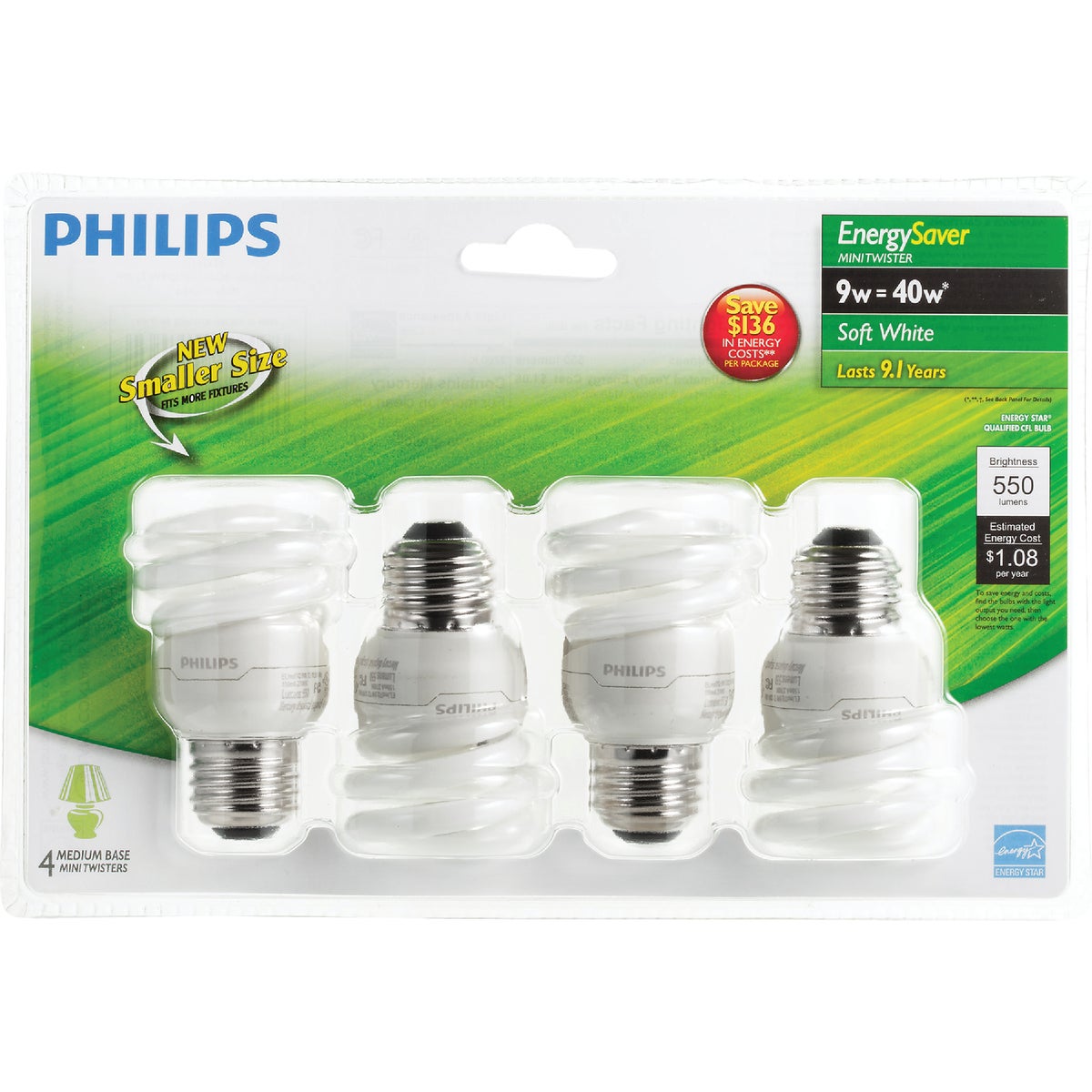 Philips Energy Saver 40W Equivalent Soft White Medium Base T2 Spiral CFL Light Bulb (4-Pack)