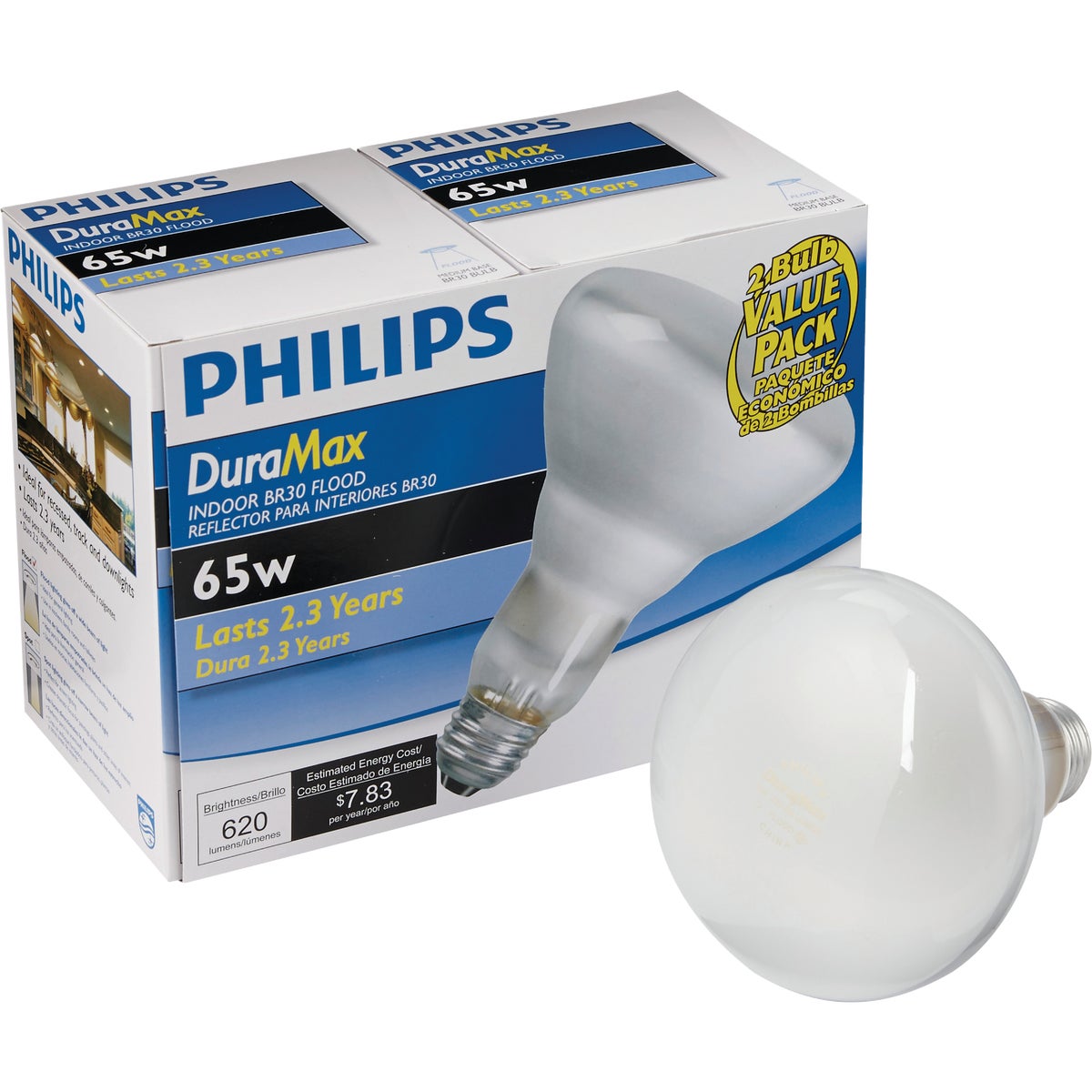 Philips DuraMax 65W Frosted Medium Base BR30 Incandescent Floodlight Light Bulb (2-Pack)