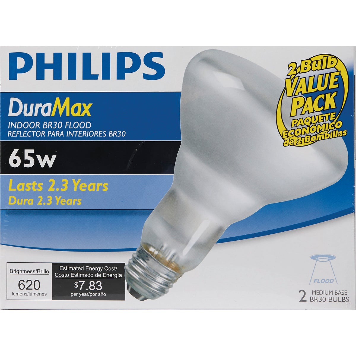 Philips DuraMax 65W Frosted Medium Base BR30 Incandescent Floodlight Light Bulb (2-Pack)