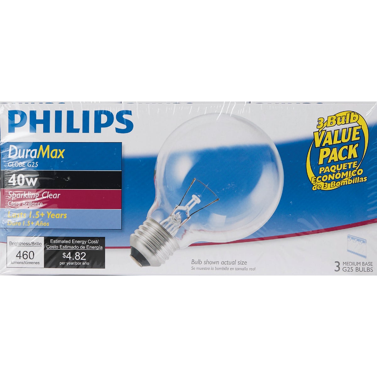 Philips DuraMax 40W Clear Medium G25 Incandescent Globe Light Bulb (3-Pack)