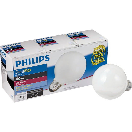 Philips DuraMax 40W Frosted Soft White Medium G25 Incandescent Globe Light Bulb (3-Pack)