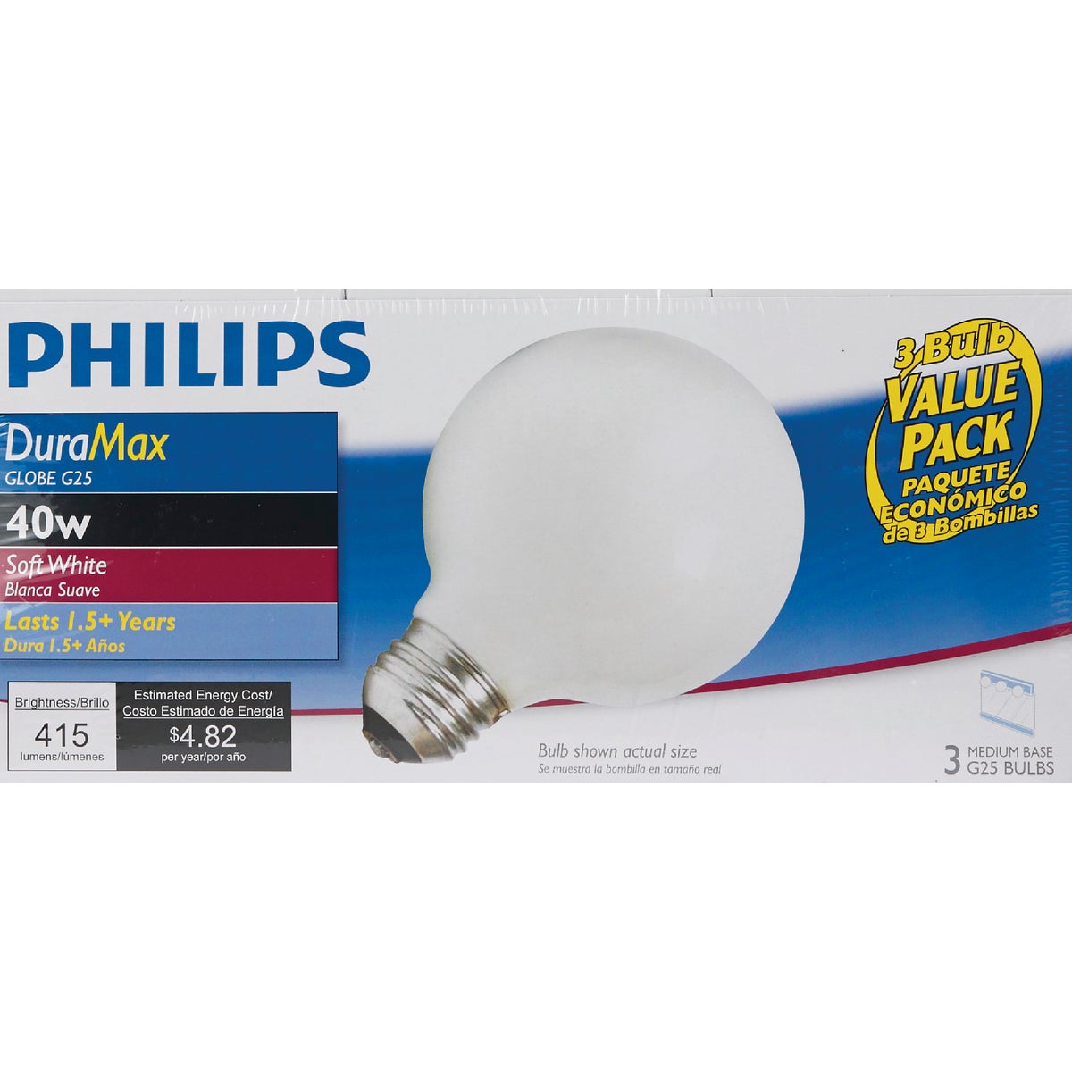 Philips DuraMax 40W Frosted Soft White Medium G25 Incandescent Globe Light Bulb (3-Pack)