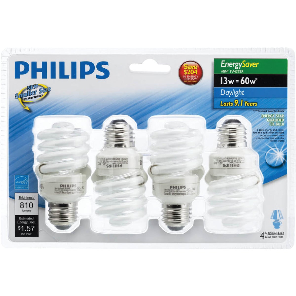 Philips Energy Saver 60W Equivalent Daylight Medium Base T2 Spiral CFL Light Bulb (4-Pack)