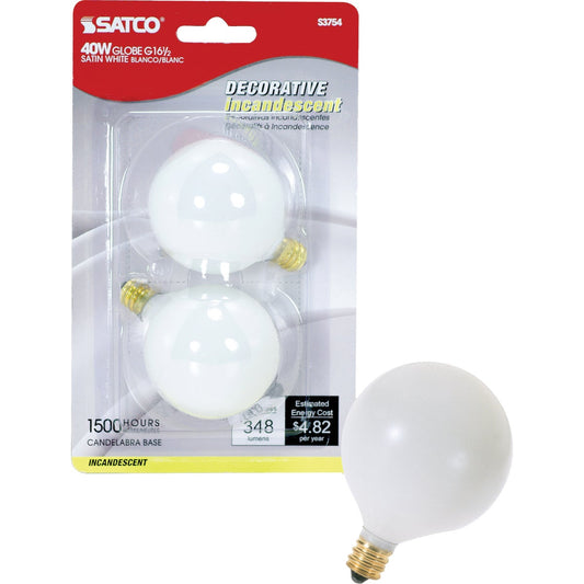 Satco 40W Frosted Candelabra Base G16.5 Incandescent Globe Light Bulb (2-Pack)