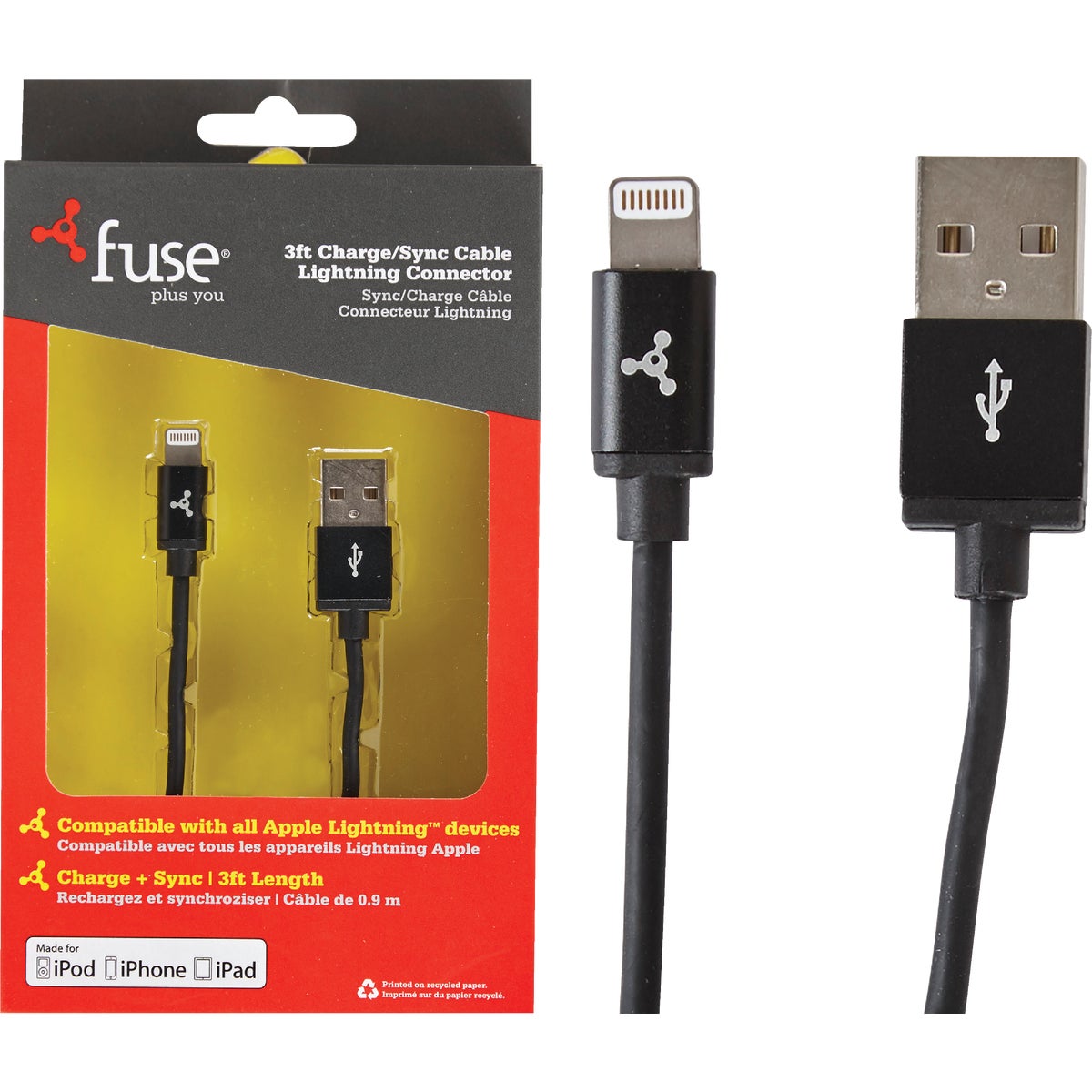 Fuse 3 Ft. Black Lightning USB Charging & Sync Cable