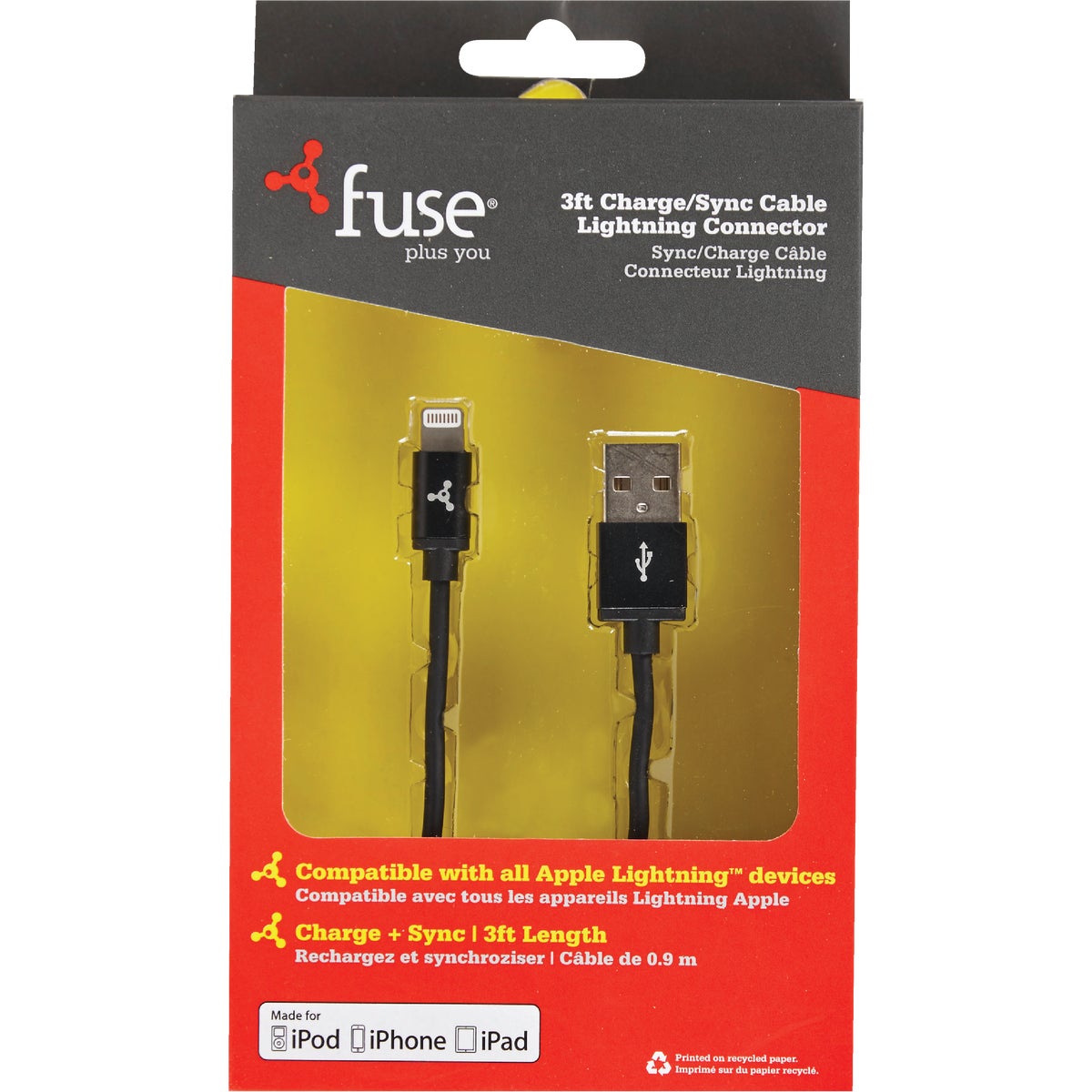 Fuse 3 Ft. Black Lightning USB Charging & Sync Cable