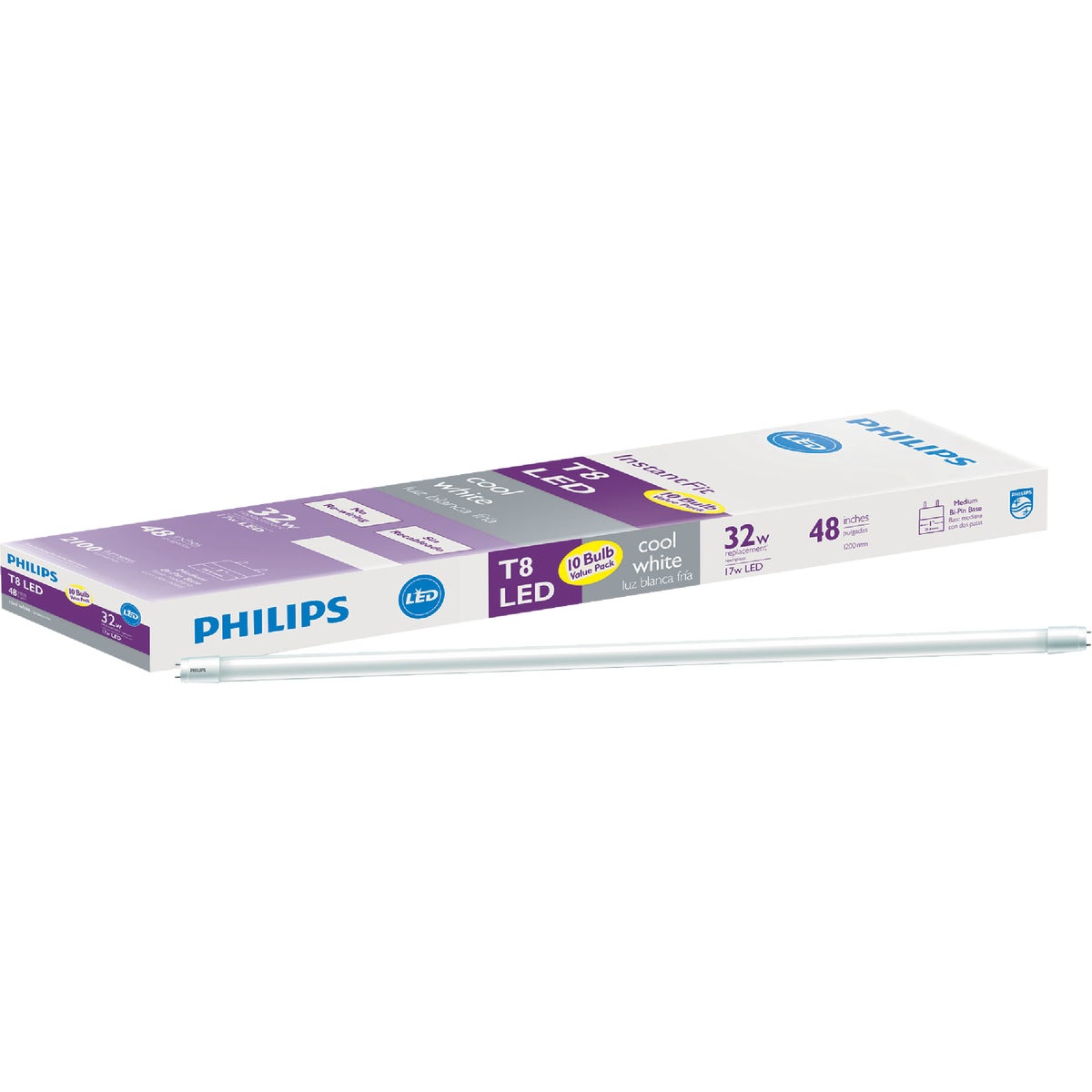 Philips InstantFit 32W Equivalent 48 In. Cool White T8 Bi-Pin LED Tube Light Bulb (10-Pack)